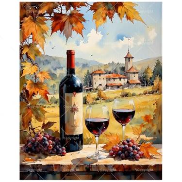 Imagem de Kit de pintura de vinho por números para adultos – DIY outono vinhedo garrafa de vinho e copos pintura em tela 40,6 x 50,8 cm, conjunto de tinta acrílica, adequado para iniciantes, arte rústica para