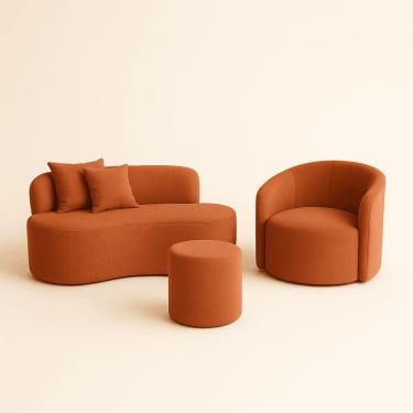 Imagem de Conjunto 01 Poltrona + Sofá  e 1 Puff Curvo Orgânico Nature Gaia Suede Terracota  - Montanaris Decor