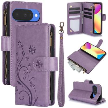 Imagem de Capa carteira para Google Pixel 9 Pro, couro sintético e TPU à prova de choque, 6 compartimentos para cartões/compartimento para dinheiro/bolso com zíper, fecho magnético, alça de pulso removível