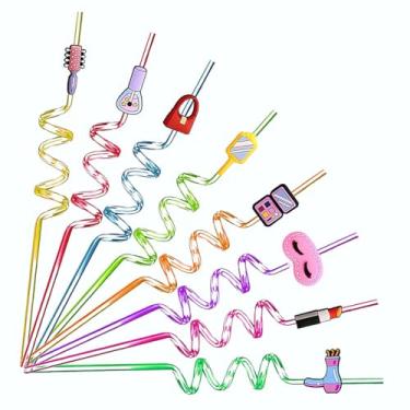 Imagem de 24 canudos espirais reutilizáveis com tema de beleza com batom e espelho, canudos femininos com 2 escovas de limpeza, perfeitos para lembrancinhas de festa de spa, aniversário de meninas ou presentes