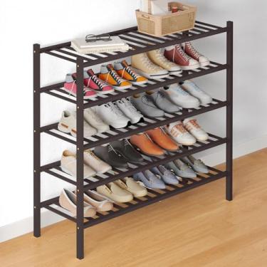 Imagem de Smiry Sapateira de bambu para armário, organizador de sapatos empilhável de madeira de 5 níveis, prateleira de armazenamento de sapatos de pé livre para entrada, entrada da porta da frente, marrom