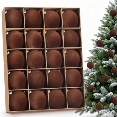 Imagem de DazSpirit Pacote com 20 enfeites de bola de Natal de veludo flocado, bolas decorativas de 8 cm, bolas de plástico inquebráveis para decoração de casa para árvore de Natal, guirlanda, marrom escuro