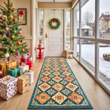 Imagem de HOMORE Tapete de corredor azul 5 x 15 cm, estampa quadriculada, lavável, antiderrapante, para entrada, lavanderia, quarto, cozinha, sala de estar, tapete geométrico marroquino