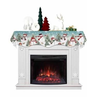 Imagem de Cachecol de cornija de Natal 178 x 43 cm, boneco de neve, árvore de Natal, flocos de neve, coelhos, lareira, pano, cobertura de cornija, decoração de mesa para festas de fim de ano, sala de estar