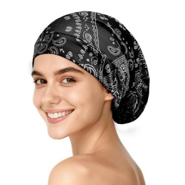 Imagem de YFONG Gorros 100% 22 Momme com forro de seda para mulheres - Touca de quimioterapia, boné de seda ajustável para cabelos cacheados e tranças, Preto, G