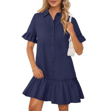 Imagem de Camiseta MEROKEETY Summer Button Down Ruffle Navy Women
