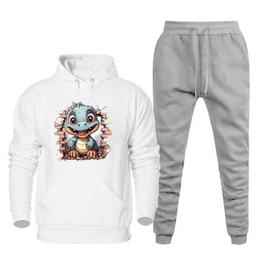 Imagem de Conjunto Plus Size Moletom Masculino Numeraçao Especial Estampa Dinossauro Blusa Canguru e Calça