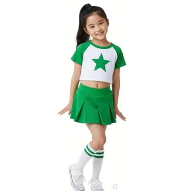 Imagem de Total 2550 Vestido infantil para meninas fantasia de líder de torcida uniforme de líder de torcida manga estrela de Halloween (verde/branco, M/5-8)