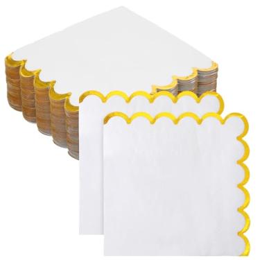 Imagem de DOPENSPI Pacote com 200 guardanapos de papel branco e dourado, guardanapos brancos recortados com folha dourada, guardanapo de coquetel de 12,7 x 12,7 cm descartável para artigos de festa de casamento