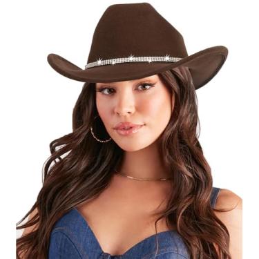 Imagem de CaySep chapéus de cowboy femininos com strass - chapéu de cowboy de aba larga vintage com diamante brilhante para festa de música disco m/l café