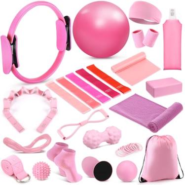 Imagem de Kit de 24 peças essenciais de pilates para mulheres, conjunto de anel e bola de pilates com alça de alongamento, garrafa de água, círculo mágico, anel de ioga, bolsa de ginástica, faixa de resistência