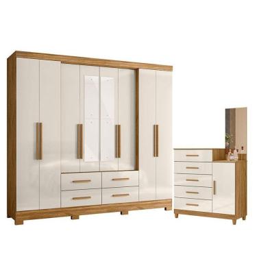 Imagem de Guarda Roupa Casal San Lorenzo Com Espelho E Cômoda Lisboa Freijó Off White – Moval