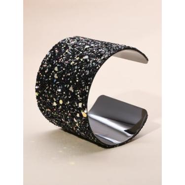 Imagem de Pulseira de punho largo com glitter para mulheres, pulseira de lantejoulas pretas brilhantes, joias modernas de punho aberto ajustável, acessórios de festa noturna e formatura