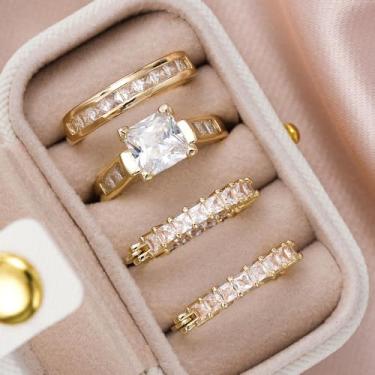 Imagem de Lindo conjunto de anéis e brincos de argola de zircônia cúbica corte princesa 2 peças para mulheres, 11, Latão, Zircônia cúbica