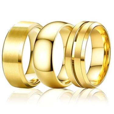 Imagem de Besteel 3 anéis de aço inoxidável para homens mulheres 8 mm conjunto de alianças de casamento simples, fresco, altamente polido, superfície fosca, joia de noivado, ajuste confortável, 6-14 ouro/prata