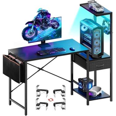 Imagem de Bestier Mesa de jogos de 111 cm para espaços pequenos, mesa de computador reversível com gavetas e prateleiras, mesa moderna para jogos com bolsa lateral e gancho de fone de ouvido para escritório em