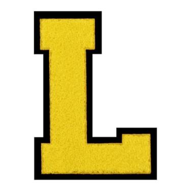 Imagem de 1 PÇ Patch de letra de chenille amarelo de 15 cm com borda preta – Remendos do alfabeto para roupas, jaquetas, mochilas, chapéus para decoração personalizada, nome personalizado e artesanato. (G)