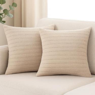 Imagem de AANDETEXTILEHOUSE Conjunto de 2 capas de almofada decorativas Boho Farmhouse para sofá, cama, sala de estar, moderno, rústico, veludo, fronha, creme, 40,6 x 40,6 cm