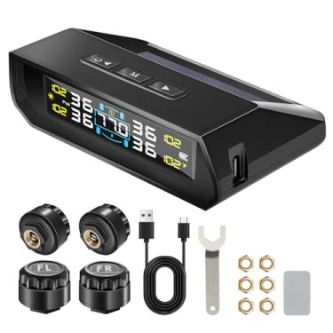 Imagem de KWANCHOO Sistema de monitoramento de pressão de pneu TPMS solar – 4 sensores externos + monitor LCD de energia dupla solar e USB – Alarme TPMS em tempo real, exibição de temperatura interna