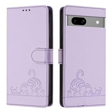 Imagem de KUWAI Capa carteira para Google Pixel 7A capa fofa de couro de gato com suporte para cartão, suporte para mulheres, homens, capa antiqueda compatível com Google Pixel 7A (roxa)
