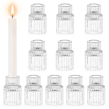 Imagem de Castiçais de vidro, castiçais de vidro vintage transparentes, castiçais cônicos para castiçais, suporte de vela com nervuras para decoração de mesa de casamento (10 + 1 peça)