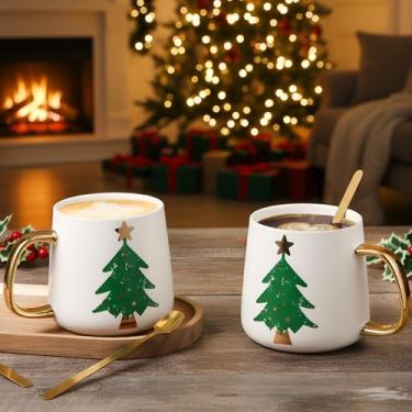 Imagem de Potchen Conjunto de 2 peças de canecas de Natal para pais casais, xícara de café com alça dourada e colher, chá de cerâmica de Natal de 293 ml, xícaras de cacau quente, presente para decoração de