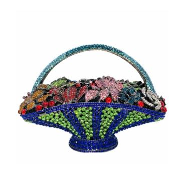 Imagem de DKQXEIM Bolsa feminina vintage floral com strass para noite com flor e cristal bolsa de mão de diamante para festa de casamento, Azul