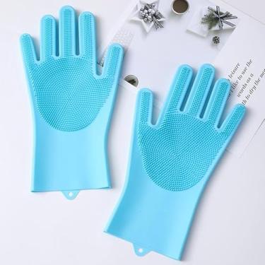 Imagem de Luvas de silicone para lavar louça para cozinha: Luvas de silicone para esfregar com cerdas macias, reutilizáveis e antiderrapantes (azul)