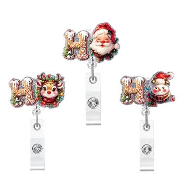 Imagem de Carretel de crachá de Natal, 3 peças de rena fofa, boneco de neve, crachá de acrílico para cartão de identificação, suporte retrátil telescópico, clipe de jacaré, acessórios para enfermeiras