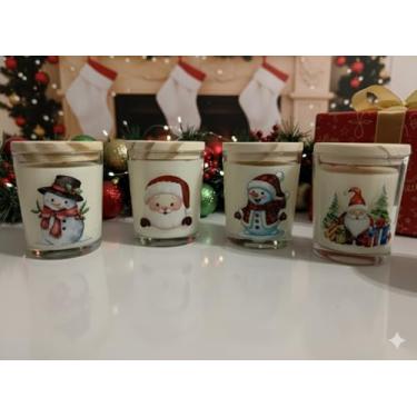 Imagem de Velas Artesanais Natalinas Decorativas, Potes de Vidro, Desenhos Natalinos, 70g, Aromática para Lembrança de Natal (Cereja)