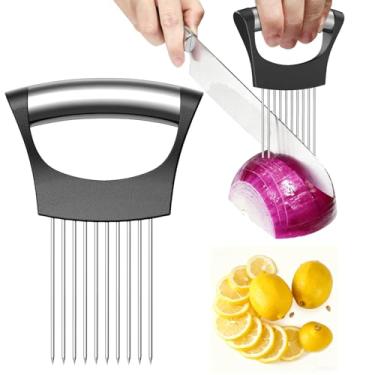 Imagem de Suporte de cebola para fatiar, suporte de fatiador de cebola de aço inoxidável 304, cortador de tomate e vegetais, cortador de frutas e amaciador de carne, utensílio de cozinha ergonômico para corte