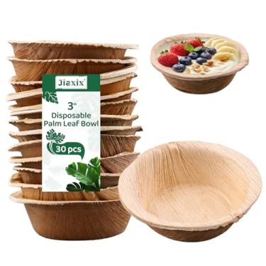Imagem de Jiaxix 30 tigelas redondas descartáveis de folha de palmeira de 7,6 cm - Utensílios de mesa compostáveis decorativos para almoço, jantar, aniversário, ao ar livre, churrasco, piquenique, tábuas de