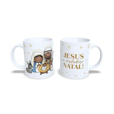 Imagem de Caneca de Cerâmica Branca com Tema Natalino, Design de Presépio, Jesus O Verdadeiro Sentido do Natal, Decoração de Natal com Estrelas Douradas (23179)