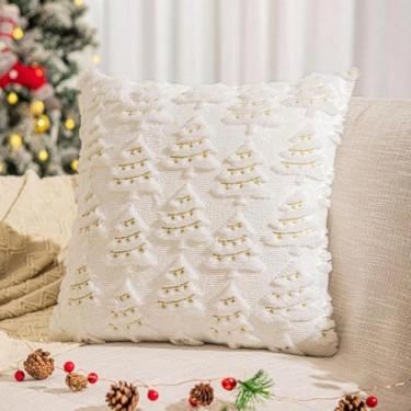 Imagem de 1 fronha de Natal 45 x 45 cm, nova almofada de árvore de Natal 3D, decoração de férias macia e fofa (branca)