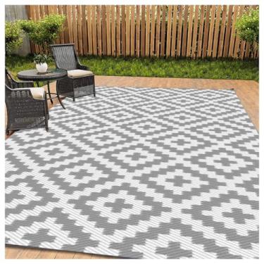 Imagem de SPXMQSS Tapete de exterior para pátios, tapete de plástico reversível antiderrapante fácil de limpar para acampamento, deck, praia, piquenique, quintal 183 x 275 cm A