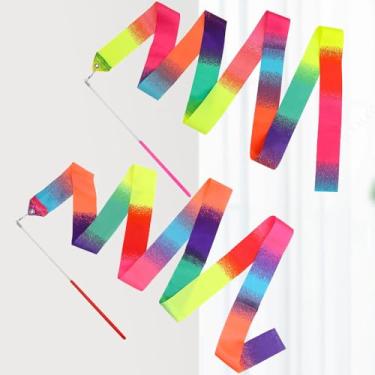 Imagem de 2 fitas decorativas gradientes, fitas macias giratórias para ginástica, festas e ornamentos de festivais