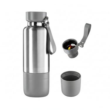 Imagem de Valori Home 3 em 1 Garrafa Térmica Inox 500ml Squeeze Academia Camping Copo e Porta Comprimidos Parede Dupla a Vácuo 12H Antivazamento Inox com Cinza