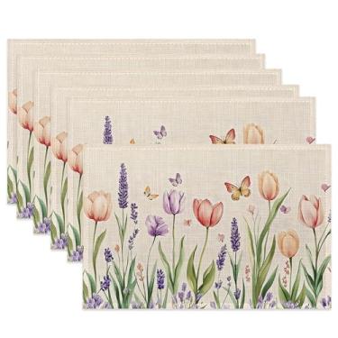 Imagem de Jogo americano de mesa, conjunto de 6, jogo americano de pano de flores de primavera, tapetes de mesa resistentes ao calor de borboleta em aquarela para decoração de cozinha e sala de jantar, tapetes
