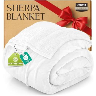 Imagem de Utopia Bedding Cobertor sherpa California King Size (branco, 260 x 236 cm) - Cobertor reversível de lã de pelúcia macia para cama, sofá, acampamento e viagens