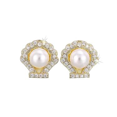 Imagem de TSECIMGS Brincos banhados a ouro 14K com pérola sintética e zircônia AAA 13 x 13 mm, joia diária elegante para mulheres