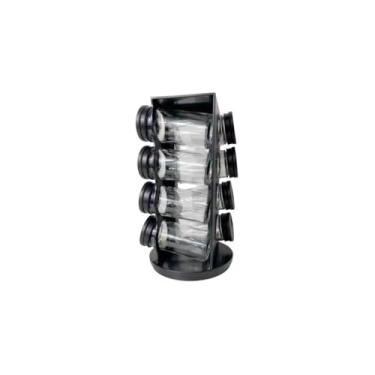 Imagem de Porta Condimentos Giratório com 8 Potes, Plástico Preto, 80ml, Base Giratória 22,5cm, Organizador de Temperos para Cozinha