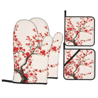 Imagem de Conjunto de luvas de cozinha japonesas primavera ameixa floral com suportes de tampa, luvas de forno resistentes ao calor para lidar com panelas quentes, grelhar, churrascos, kit de 4 peças.