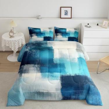 Imagem de jejeloiu Conjunto de cama queen abstrato, geométrico, para crianças, meninos, meninas, adolescentes, azul brilhante, respirável, macio, leve, conjunto de edredom de microfibra