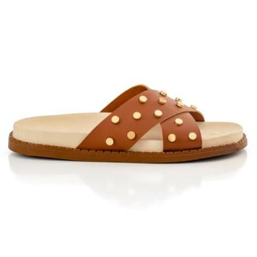 Imagem de Sandalia Feminina Flatform Papete Plataforma Flat Enfeite Metal Brilho Metalizado (Caramelo, BR, Adulto, Numérico, 34)