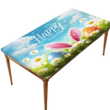 Imagem de oooJHooo Toalha de mesa retangular com borda elástica para 1,5 m, toalha de mesa de piquenique coelhinho de ovo de páscoa, à prova de vento, à prova d'água, lavável para jantar, acampamento, festa ao