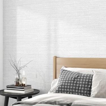 Imagem de Wallderful Papel de parede listrado branco e cinza com tecido de grama autoadesivo removível papel de parede texturizado para quarto, armários de banheiro, forro de prateleira de alcova