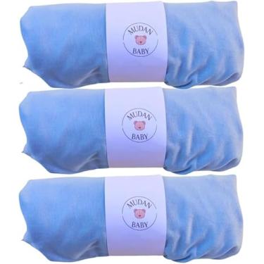 Imagem de Kit 3 Lençóis Avulsos de Malha 100% Algodão com Elástico para Berço Americano, Hipoalergênico, 160x98x12cm, Liso (Azul BB)
