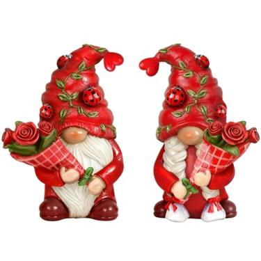 Imagem de Eousera 2 peças de estatuetas de gnomo de joaninha de rosas vermelhas, decoração de estátuas de resina, decoração de escritório em casa, presente para mulheres, esposa, aniversário, namorada, dia dos