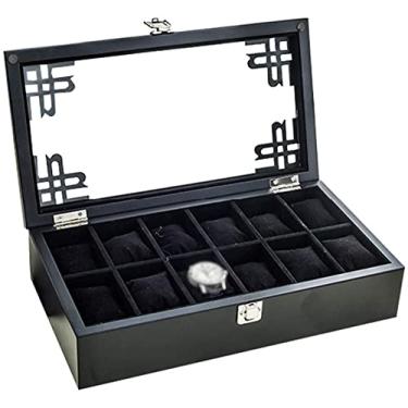 Imagem de uhyOHF Caixa de exibição de relógio, caixa de relógio de madeira, tampa de vidro, 12 pulseiras, bandejas, organizador de abotoaduras com 12 almofadas de armazenamento de remoção (cor: preta)
