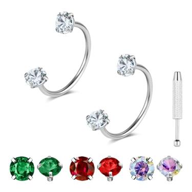 Imagem de G23 Anéis de nariz de titânio ferradura ouro prata 20 g anel de nariz de sapato de cavalo argolas de aço cirúrgico meia cartilagem tragus brinco argola rosca interna dupla zircônia cúbica nariz septo